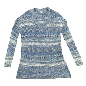 Lucky Brand Sweater Medium Blue Striped V Neck Long Sleeve Open Knit Boho